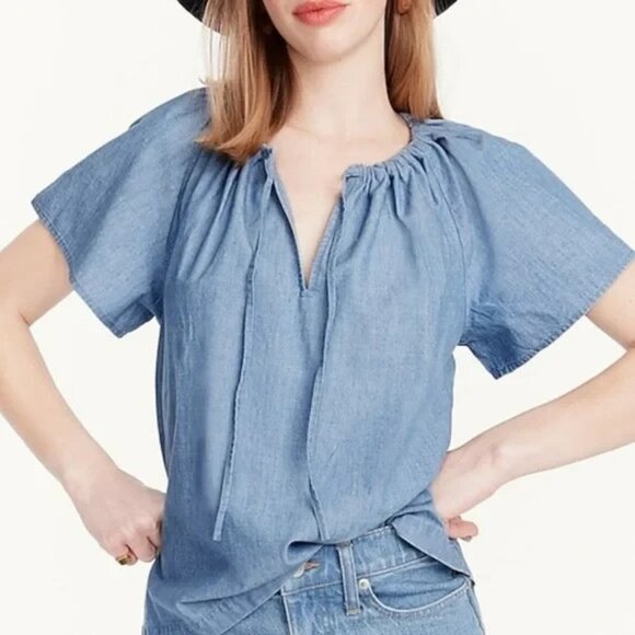 J. Crew Womens Chambray Peasant Top M Short Sleeve Tie Neck Blouse Cottagecore - Picture 1 of 9